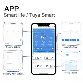 Tuya WiFi интеллектуальные погодные часы прогноз погоды на 3 дня метеостанция беспроводной термометр 1pcs sub sensor разноцветный