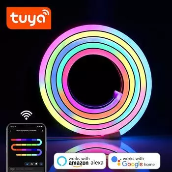 Tuya WiFi LED Neon Strip Light 24V RGBIC Dimmable LED Strip Bluetooth APP Control Waterproof Silicone Tube Neon Tape Wall Decor 1M