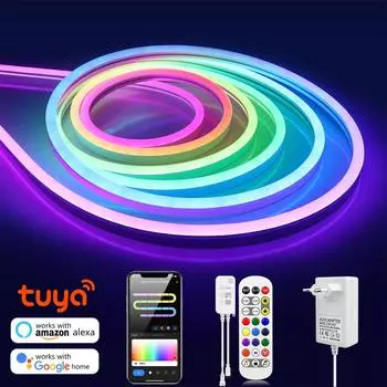 Tuya WiFi Неоновая светодиодная лента 1-5 м RGBIC с регулируемой яркостью, неоновая светодиодная лента, 24 В постоянного тока, синхронизация музыки, DIY, изменение цвета для спальни, рождественский праздничный декор, вилка европейского стандарта 1M
