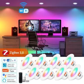 Tuya WiFi Smart Ceiling Lights ZigBee3.0 Встраиваемые точечные светильники Светодиодные светильники RGB Alexa Lamps Bluetooth Control Alexa Google Home 5W