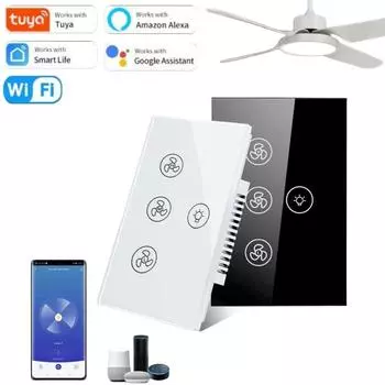 Tuya WiFi Smart Fan Light Switch Сенсорная панель Switch App Control Voice Стандарт США Работа с Alexa Google Home Регулировка скорости White