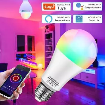 Tuya WiFi Smart LED Bulb Light E27 12W 15W 18W RGB CW Dimmable Led Lamp Управление через приложение Работает с Alexa Google Home Assistant