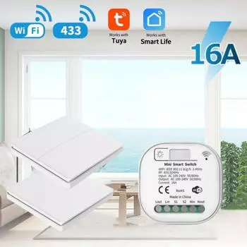 Tuya WiFi Smart Switch 16A 433MHz Автономный Беспроводной Настенный Выключатель Без Батареи Не Нужны Голосовое Управление Приложением Для Alexa Google Home