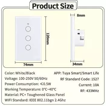 Tuya WiFi Smart Switch 1/2/3/4Gang Wireless RF 433MHz Touch Sensor Switch работает с Alexa Google Home не требуется нейтральный провод White 1Gang