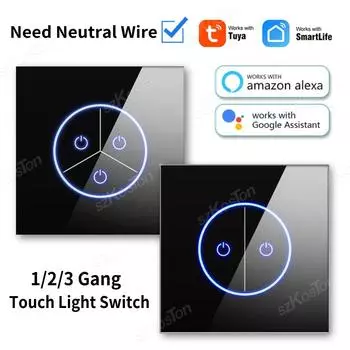Tuya WiFi Smart Switch 1/2/3 Gang Сенсорный выключатель света настенная стеклянная панель для Alexa Google Home Smart Life APP EU Plug