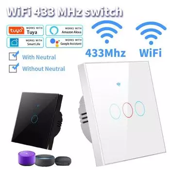 Tuya WiFi Smart Switch Alexa Не требуется нейтральный провод Беспроводной настенный сенсорный выключатель для освещения 1/2/3Gang 433RF Google Home
