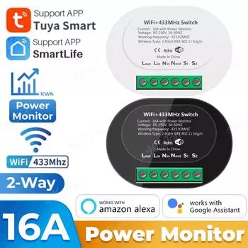 Tuya WiFi Smart Switch с монитором мощности RF433 Remote 16A Mini Breaker Relay Home Automation Voice Control for Alexa Google