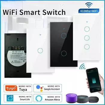 Tuya WiFi Smart Wall Touch Switch RF433Mhz 1/2/3 Gang Panel Switch без нейтрального провода США работает с Alexa Google Assistant 1gang black