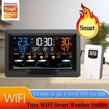 Tuya WIFI Smart Weather Station Цветной экран Внутренний наружный измеритель влажности Многофункциональный цифровой погодный будильник