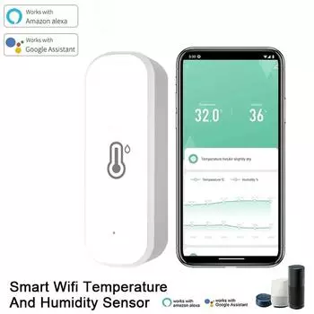 Tuya WiFi Умный датчик температуры и влажности Работает от батареи Приложение для мониторинга безопасности умного дома Работает с Alexa Google Home White
