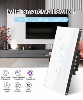Tuya WiFi US Smart Light Switch Нулевой провод/Нулевой провод не требуется Настенный сенсорный выключатель типа 120 Работает с Alexa, Google Home US White 1 gang
