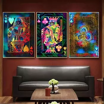 Туз пик Карточный покер Картина на холсте Валет Дама и король Игральные карты Плакат Ретро HD Настенное искусство для кафе-бара Декор шахматной комнаты 21x30cm No Framed