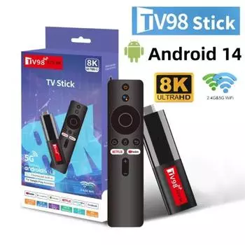 TV98 Android 14 ATV Smart TV Stick Поддержка 8K Видео BT5.0 WiFi 6 Allwinner H618 Quad Core Cortex A53 Голосовой пульт дистанционного управления Smart TV Box Mini TVBox 2GB 16GB TV98