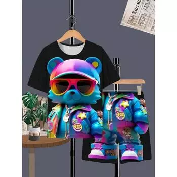Tween Boy 3D Bear Print Streetwear Style Свободный крой футболка и шорты комплект, комплект одежды 100