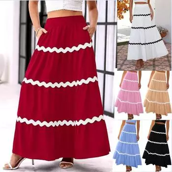 Твердая модная кружевная юбка для женщин, лоскутная эластичная длинная юбка с высокой талией и рюшами, повседневная модная свободная юбка, дышащая легкая юбка для работы и отдыха