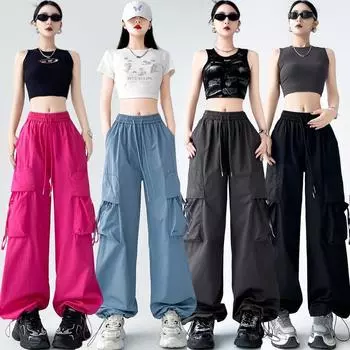Твердая рабочая одежда Широкие брюки на шнурке для женщин Модные прямые спортивные повседневные брюки Офисные женские туфли Y2K Уличная одежда Свободные брюки женские 24207 S чёрный