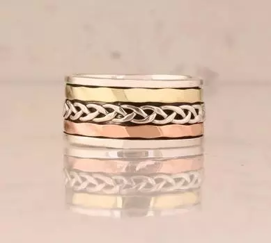 Твердое кольцо из стерлингового серебра 925 пробы, трехцветное кольцо-спиннер, изящное кольцо, кольцо-спиннер, кольцо для вечеринки, кольцо для мужчин и женщин 6