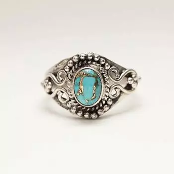 Твердое кольцо из стерлингового серебра 925 пробы с синим медным бирюзовым драгоценным камнем, кольцо ручной работы, богемное кольцо, кольцо для праздничной одежды 6