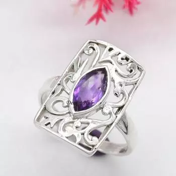 Твердое кольцо ручной работы из стерлингового серебра 925 пробы с натуральным аметистом 6 серебряный