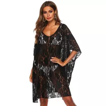 Твердое кружево, сексуальная защита от солнца, черная перспектива, пляжное бикини с глубоким V-образным разрезом, накидка для женщин one size чёрный