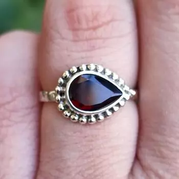 Твердое серебро 925 пробы, кольцо с драгоценным камнем гранат, кольцо с грушей, подарок для нее, кольцо в стиле бохо, серебряные ювелирные украшения, свадебный подарок 6
