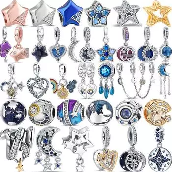 Твердое серебро 925 пробы, космическая Галактика, Звезда, Луна, Солнце, Земля, блестящий кулон, сделай сам, тонкие бусины, подходят для оригинальных подвесок, браслет, ювелирное изделие, подарок