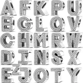 Твердое серебро 925 пробы, прозрачный циркон AZ 26, английские буквы алфавита, блестящие бусины, подходят для оригинальных подвесок, браслетов, ювелирных украшений