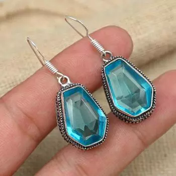 Твердое серебро 925 пробы, швейцарский синий топаз, драгоценный камень, висячие серьги, ювелирные изделия ручной работы 1.57 Inches синий