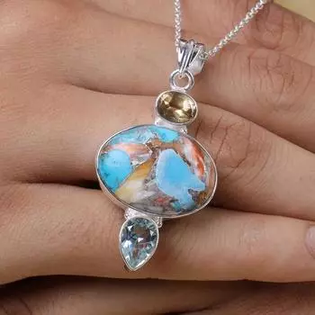 Твердое серебро 925 пробы, устричная медь, бирюза, цитрин, ожерелье с подвеской из драгоценного камня синего топаза, дизайнерские украшения, свадебный подарок 18 Inch