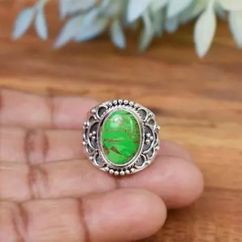 Твердое серебро 925 пробы, зеленая медь, бирюзовое овальное кольцо, дизайнерское кольцо ручной работы, подарок на Рождество и День святого Валентина, богемное кольцо 6