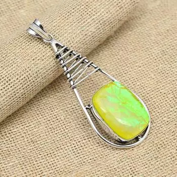 Твердое серебро 925 пробы, желтый австралийский тройной опал, драгоценный камень, кулон, ювелирное изделие, подарок ручной работы для нее 2.75 Inches жёлтый