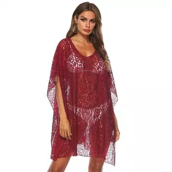 Твердые кружева, сексуальная перспектива, глубокий v-образный вырез, свободное пляжное бикини, защита от солнца one size бордовый