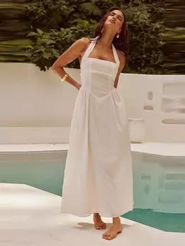 Твердые плиссированные пляжные женские платья без рукавов с открытой спиной и квадратным воротником, весенний праздничный женский халат с лямкой на шее S чёрный