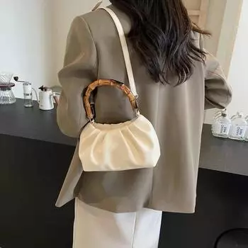 Твердые плиссированные сумки из искусственной кожи для женщин с бамбуковой ручкой и застежкой-молнией в стиле мода