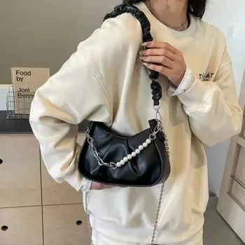 Твердые полумесяцы из искусственной кожи, модные цепочки, жемчужные бусины, дизайнерские сумки через плечо и через плечо для женщин, горячая распродажа