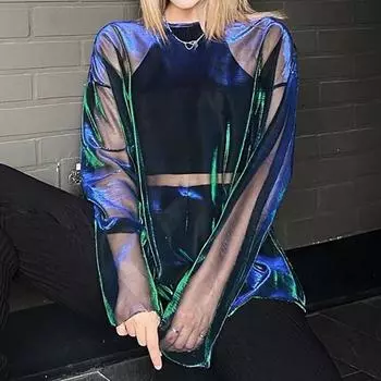 Твердые прозрачные футболки женские сексуальные топы с круглым вырезом и длинными рукавами футболки для женщин одежда клуб Y2k эстетические футболки S чёрный