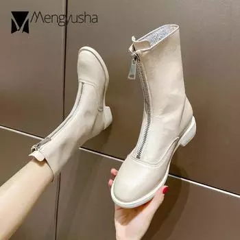 Твердые PU кожаные ботинки женские высокие с застежкой-молнией спереди Botas 2024 на платформе толстые каблуки женские зимние плюшевые мотоциклетные ботинки 4.5 бежевый