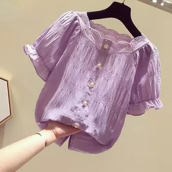 Твердые шифоновые рубашки больших размеров с пуговицами, белые фиолетовые топы, женские летние блузки с короткими рукавами M белый