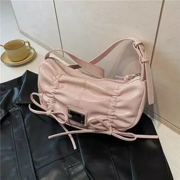 Твердые сумки-хобо из искусственной кожи для женщин, модные сумки через плечо с бантом, новые плиссированные сумки-шнурки на молнии, универсальные