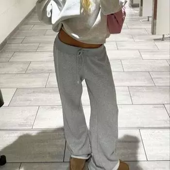 Твердые свободные спортивные штаны на шнурке, женские повседневные базовые брюки прямого кроя с низкой талией, весенние женские простые спортивные брюки S серый