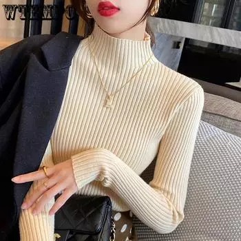 Твердые тонкие свитера, женские вязаные пуловеры, верхняя одежда с высоким воротом и длинными рукавами, джемперы S бежевый