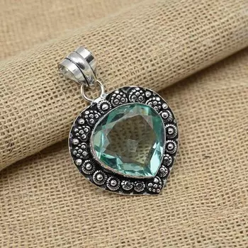 Твердый 925 стерлингового серебра Зеленый аметист Драгоценный камень Ювелирные изделия ручной работы Ослепительный кулон 1.77 Inches зелёный