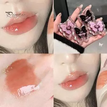 Твердый блеск для губ с брелоком-бабочкой, стойкая высокопигментированная увлажняющая зеркальная водная помада-тинт для губ, глазурь для женщин и девочек C