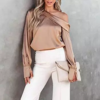 Твердый большой размер, элегантный цвет, косой воротник, топ с открытыми плечами, сексуальная зимняя женская рубашка XL чёрный