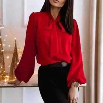 Твердый большой размер с бантом, цветной галстук, свободный элегантный крой, мягкий дышащий женский повседневный топ с длинными рукавами S красный