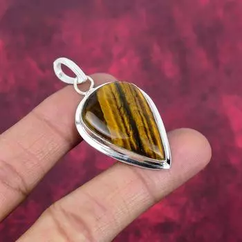 Твердый кулон из стерлингового серебра 925 пробы с тигровым глазом, кулон из драгоценного камня ручной работы, подарок для мамы, антикварные ювелирные изделия 2.24 Inches жёлтый