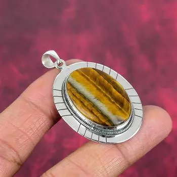 Твердый кулон из стерлингового серебра 925 пробы с тигровым глазом, кулон из драгоценного камня ручной работы, подарок для мамы, антикварные ювелирные изделия 2.04 Inches жёлтый