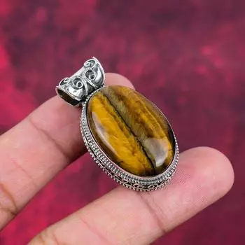 Твердый кулон из стерлингового серебра 925 пробы с тигровым глазом, кулон из драгоценного камня ручной работы, подарок для мамы, антикварные ювелирные изделия 1.65 Inches жёлтый