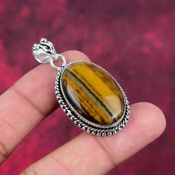 Твердый кулон из стерлингового серебра 925 пробы с тигровым глазом, кулон из драгоценного камня ручной работы, подарок для мамы, антикварные ювелирные изделия 2.04 Inches жёлтый