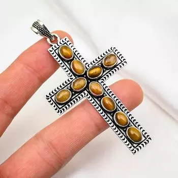 Твердый кулон из стерлингового серебра 925 пробы с тигровым глазом, кулон из драгоценного камня ручной работы, подарок для мамы, антикварные ювелирные изделия 3.14 Inches жёлтый